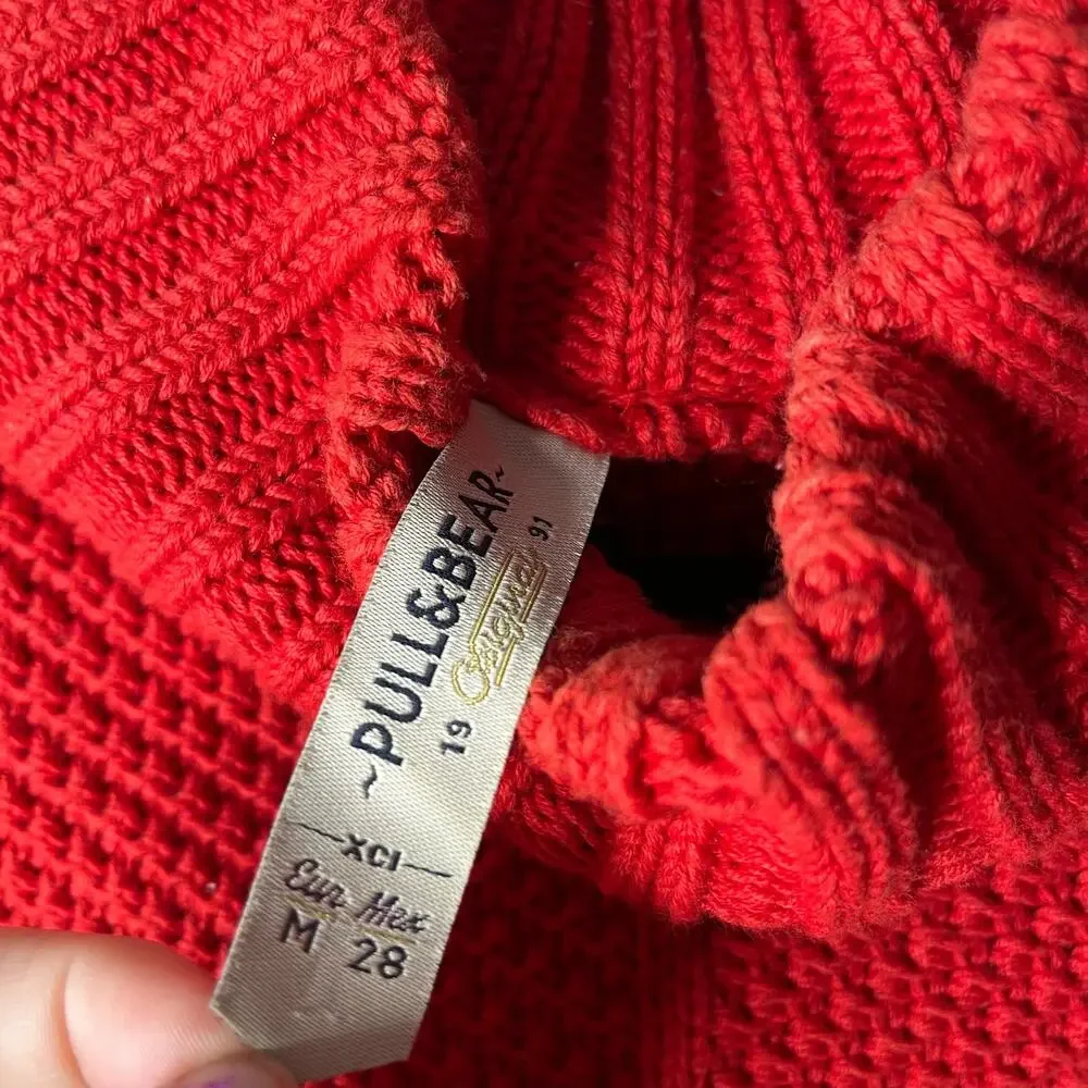 Pull & Bear Red Mock Neck Chunky Knit Bell Sleeve Sweater Medium